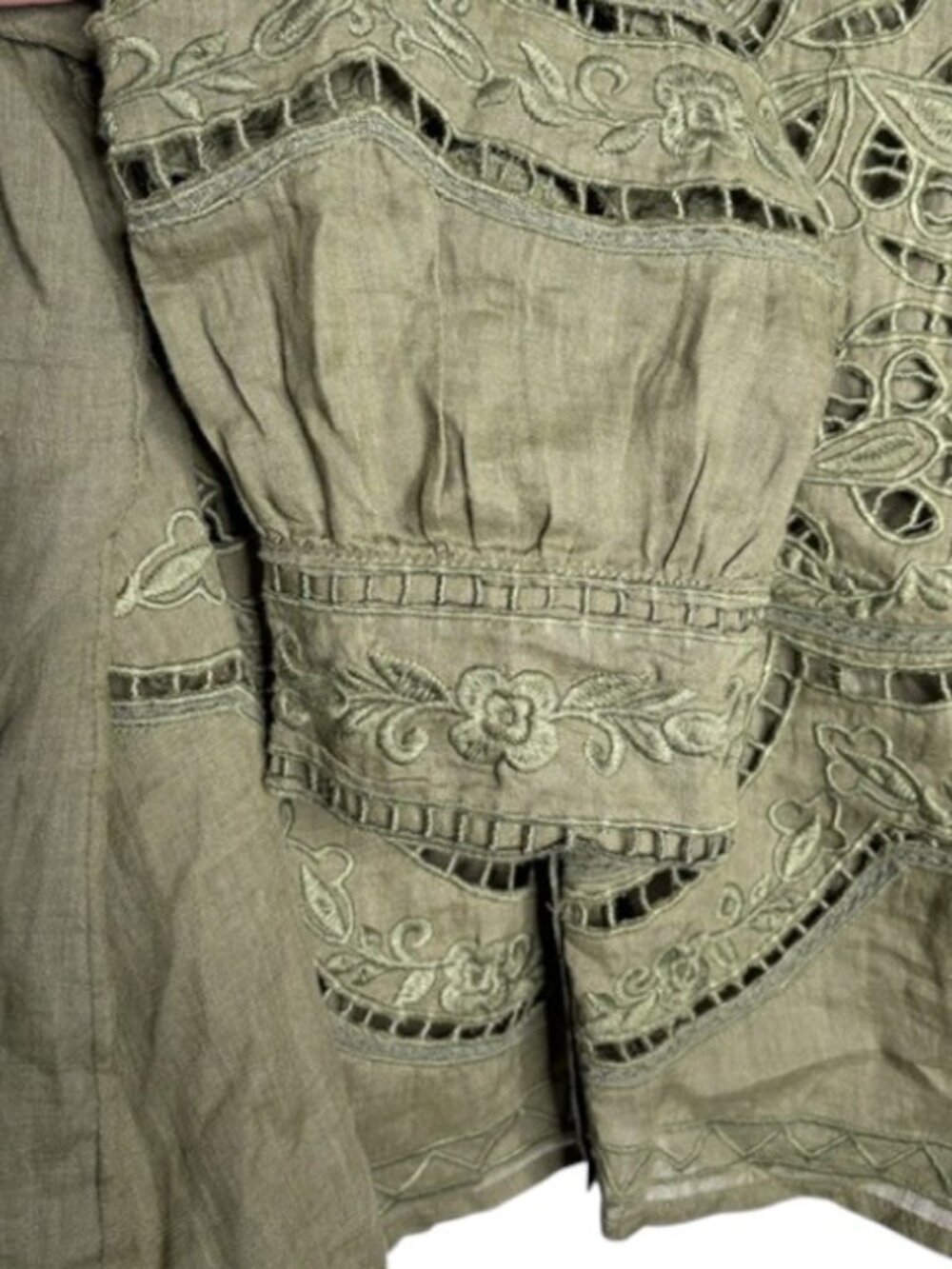 Sundance 2-Piece Embroidered Cutwork Full Sleeved Split Neck Top - XXL - Olive - Picture 8 of 12